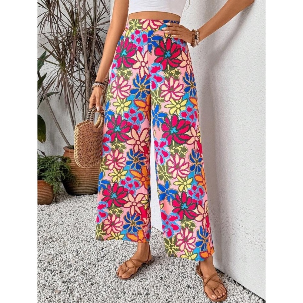 Breezaya High Waist Floral Printed Wide‎ Leg Woman's Holiday Loose Pants Size S.